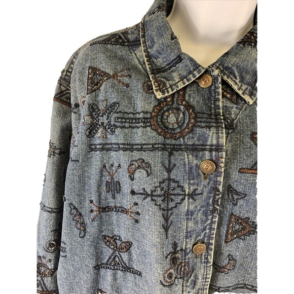 Chico's Design Silk Lining, Embroidered & Beaded Blue Jean Jacket Women 2 /M - Picture 4 of 16